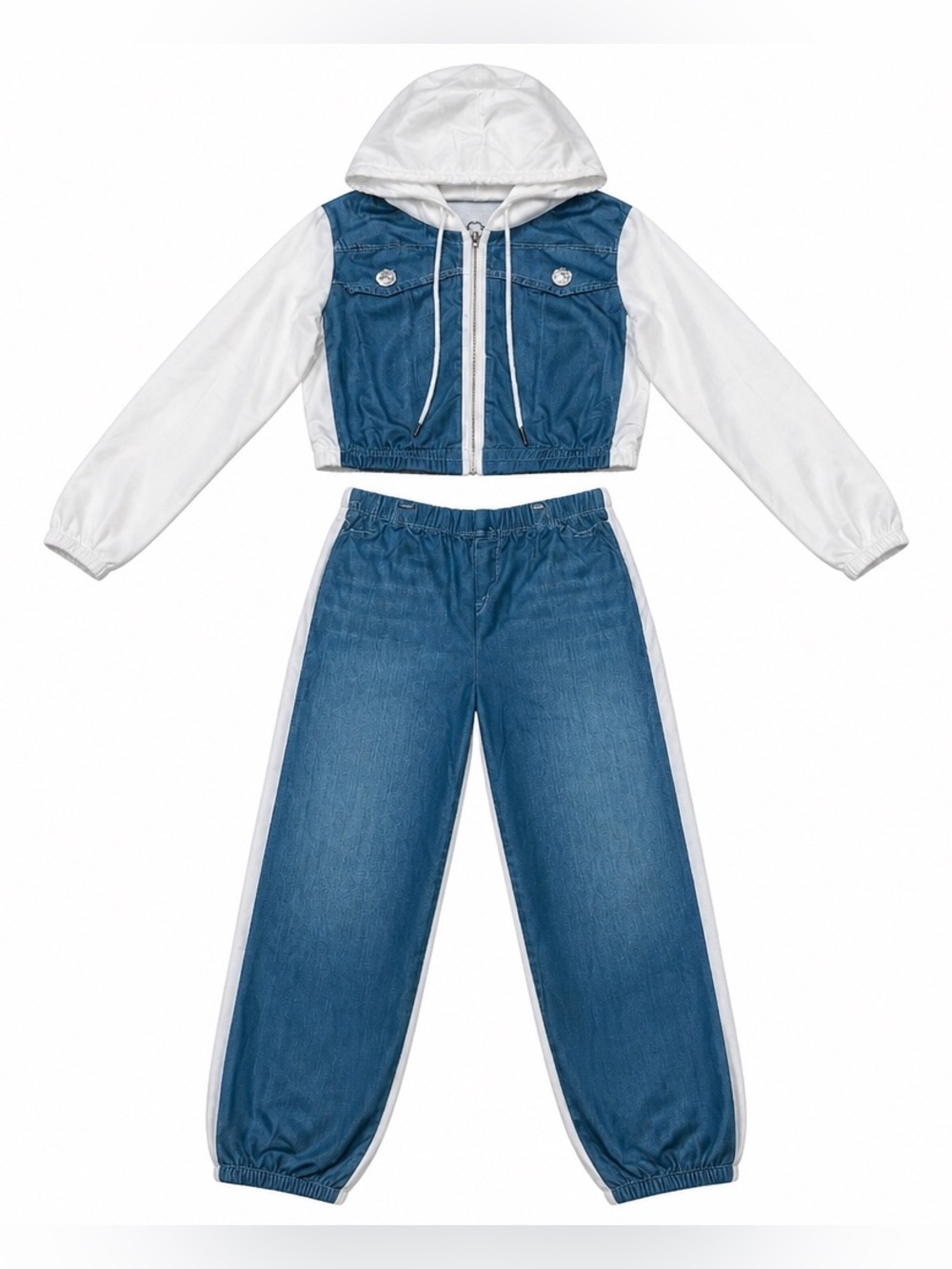 Women’s Cropped Outfit Set White & Blue Hooded Top and Jogger Pants Size XL